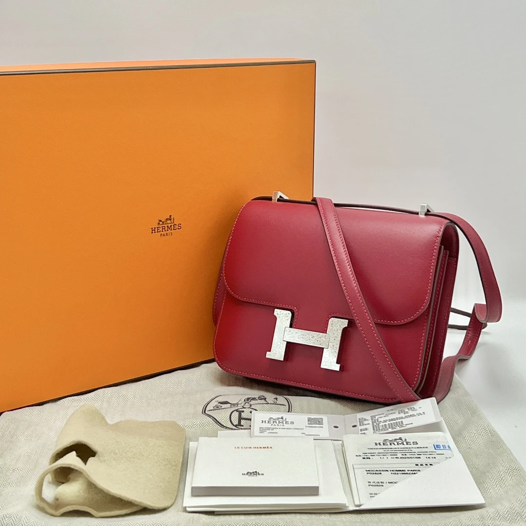 99新 Hermes/爱马仕 辣椒红银扣19康康单肩包 92232