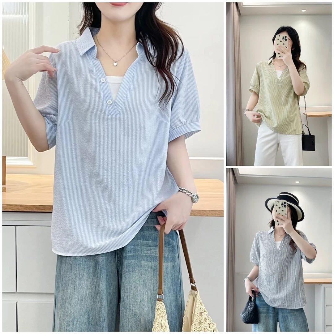 大码宽松短袖夏季条纹衬衣简约压褶女装衬衫假两件显瘦小众洋气