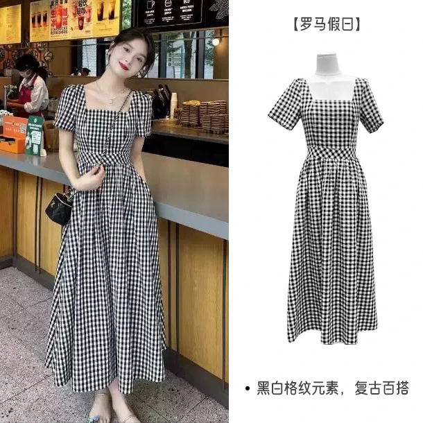 千语栀【罗马假日】气质短袖连衣裙方领收腰格子连衣裙格纹显瘦长裙