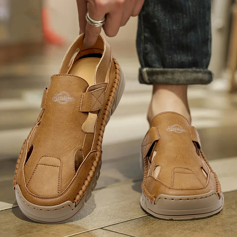 2025夏季新款包头凉鞋男真皮户外休闲防滑沙滩鞋软底舒适驾车鞋子