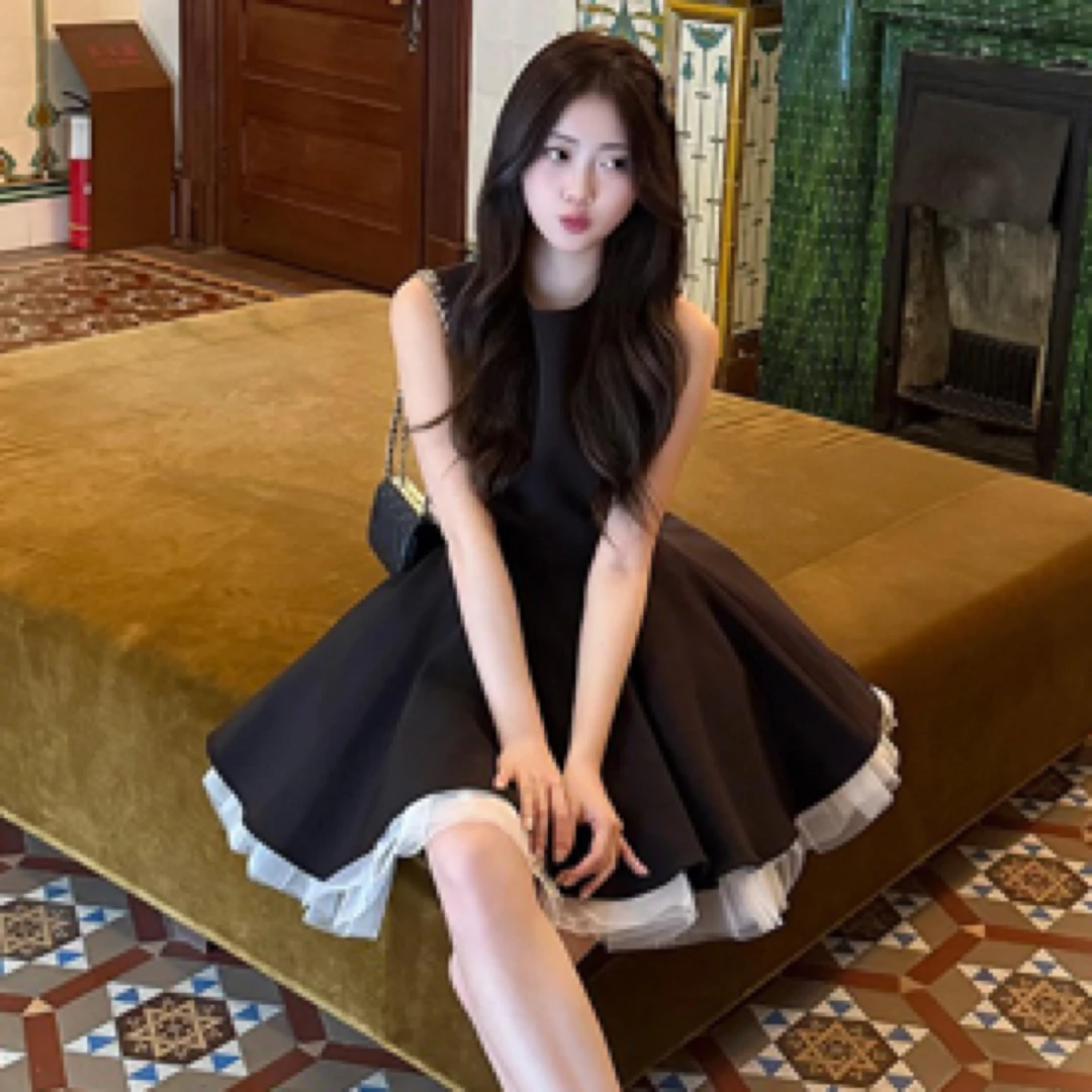 法式撞色网纱拼接无袖连衣裙气质收腰蓬蓬裙芭蕾裙女2025生日裙