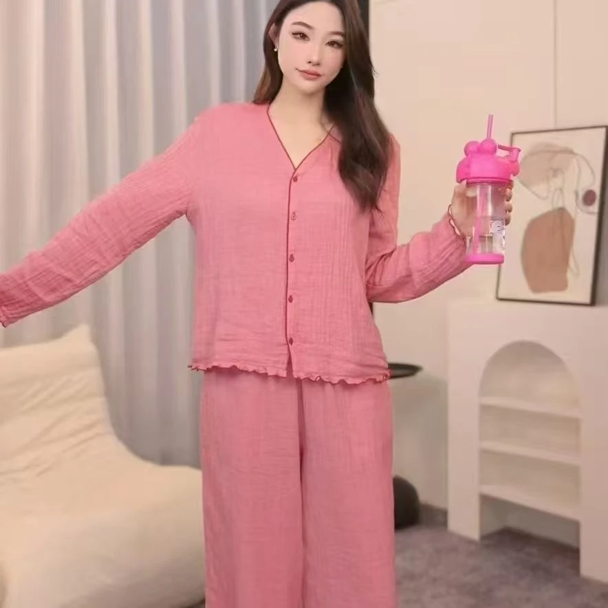 E0338春夏季新款睡衣薄款简约女士v领长裤长袖套装