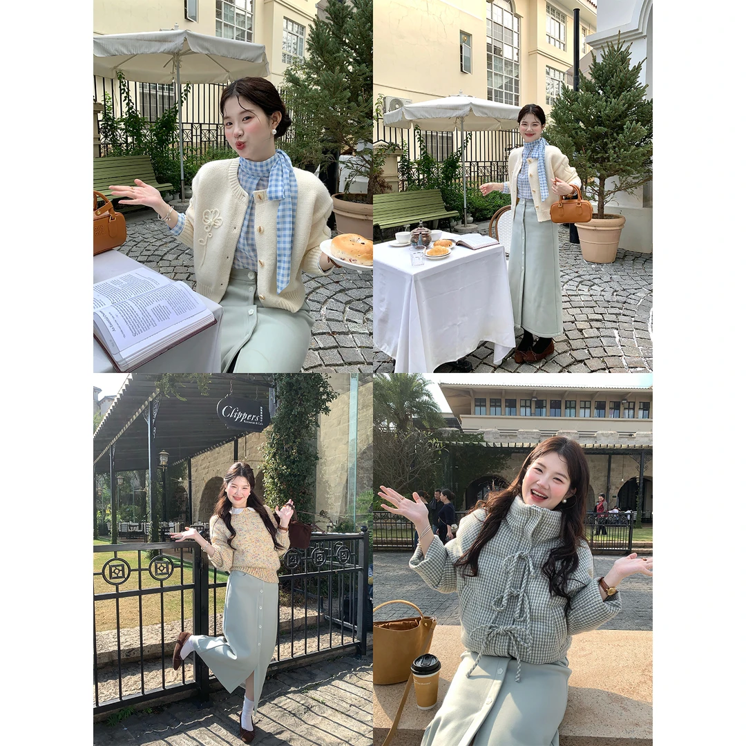 火火火【花漾奶绿】韩版小众设计花朵纽扣温柔半裙B40509HH54