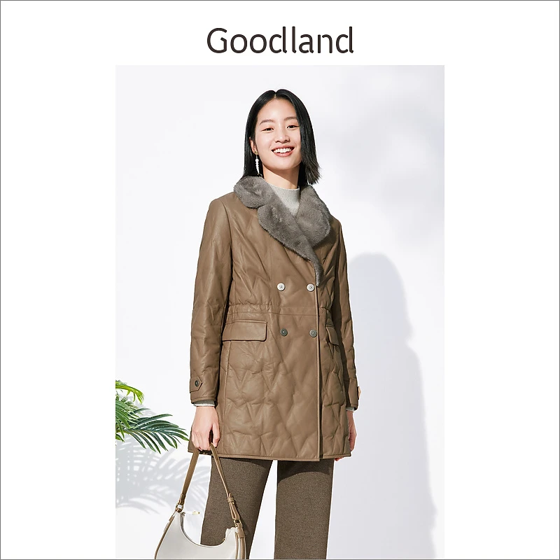 Goodland美地女装冬季菱格纹水貂毛领保暖真皮白鸭绒羽绒服