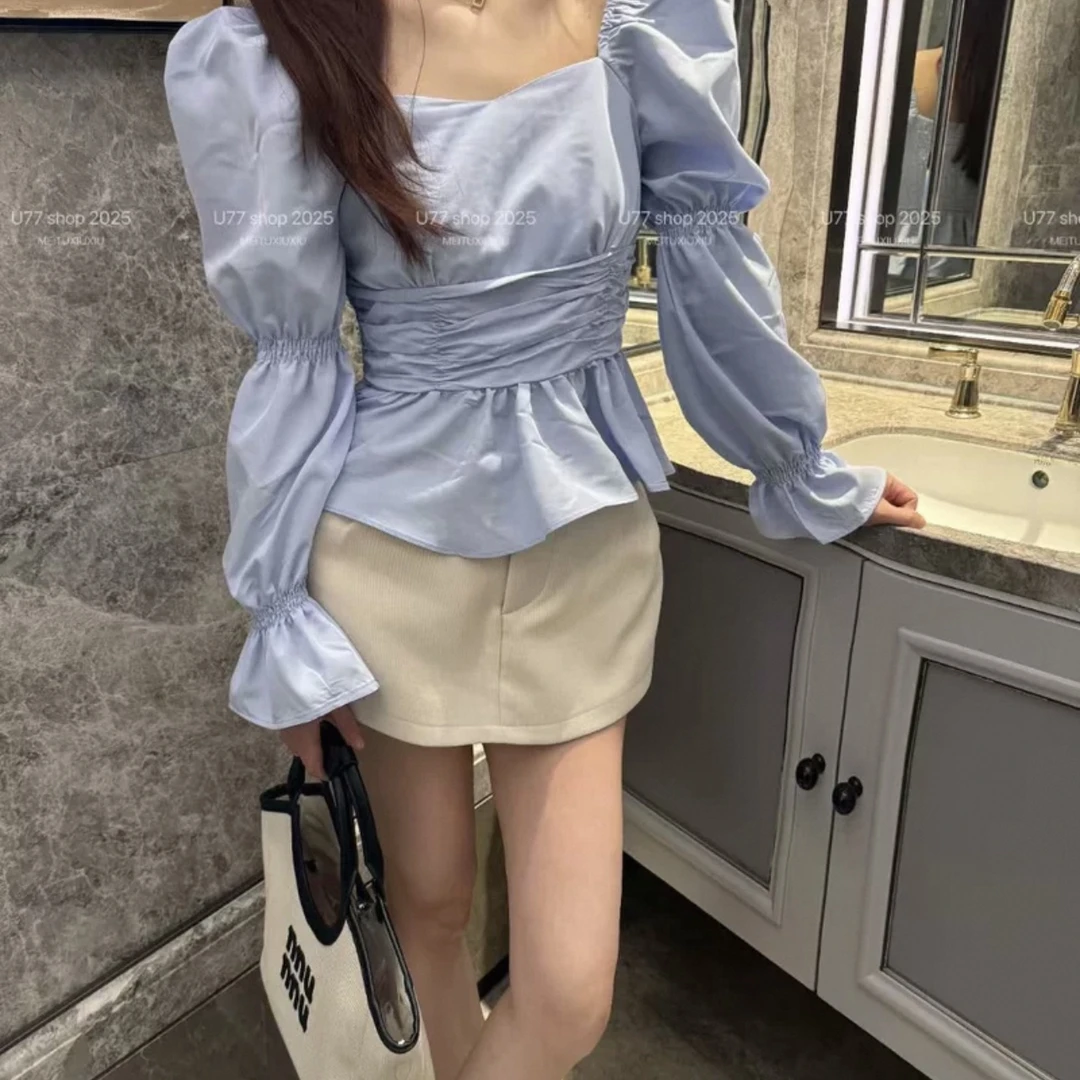 雯雯家 2025春季新款法式气质设计感纯色小众收腰显瘦上衣