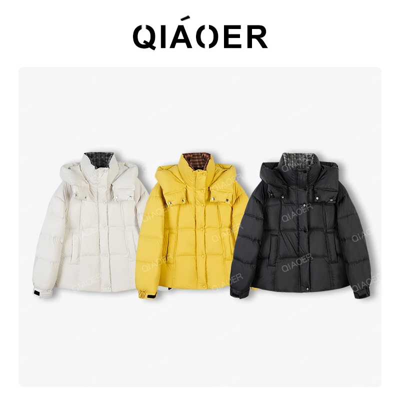 乔儿定制【格莱美】新国标90白鸭绒格子拼接连帽羽绒服休闲短外套厚