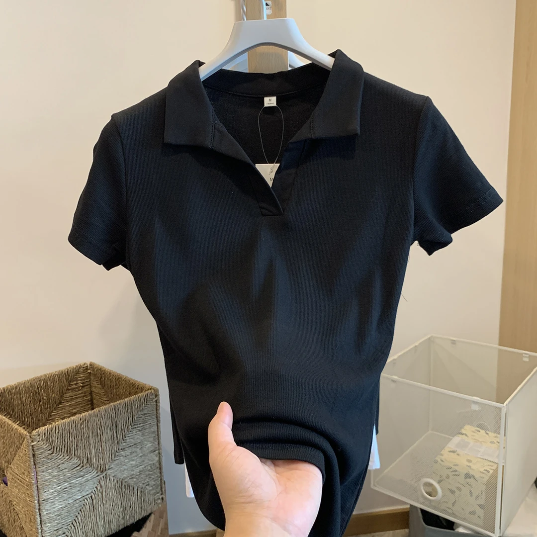 白色Polo领正肩短袖夏季修身韩版收腰纯欲T恤女修身百搭基础上衣