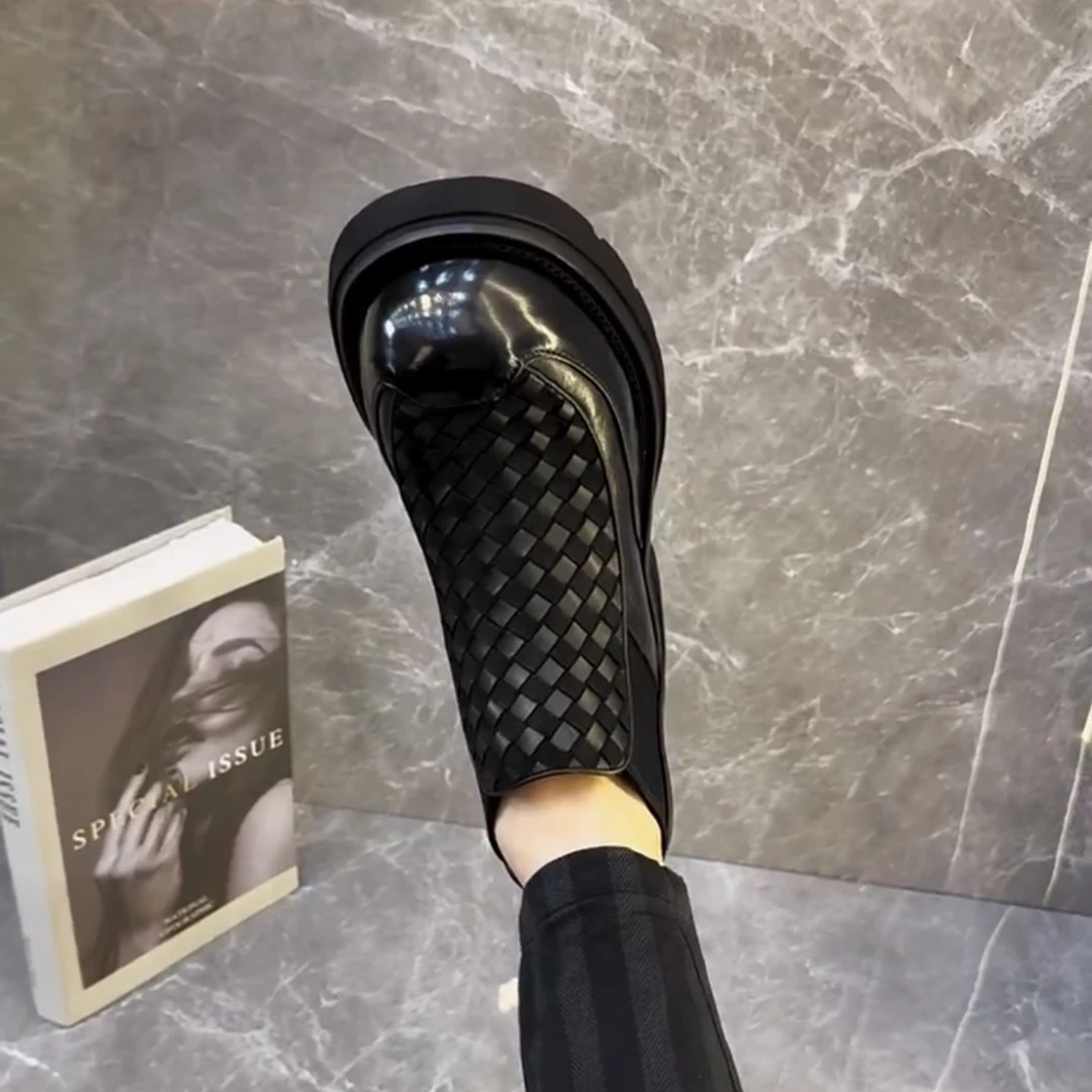 2025编织头层牛皮休闲板鞋新款高帮男士黑色鞋透气韩版休闲男皮鞋