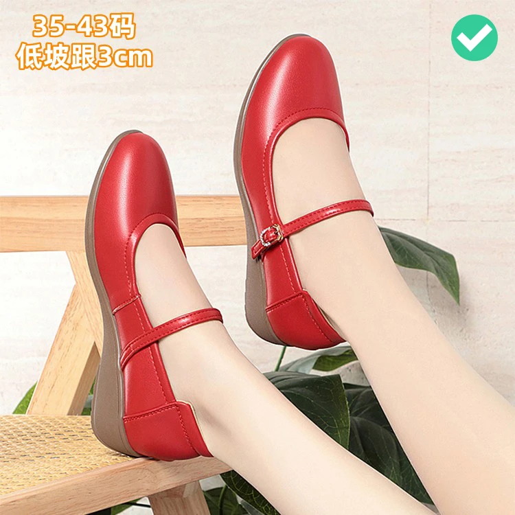 25春季低坡跟少妇单鞋红色米白纯黑色玛丽珍中年大码女鞋41-42-43