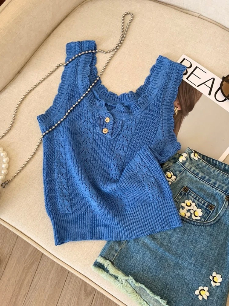 克莱因蓝冰丝针织吊带女2025夏季款独特半开领背心外穿无袖小上衣