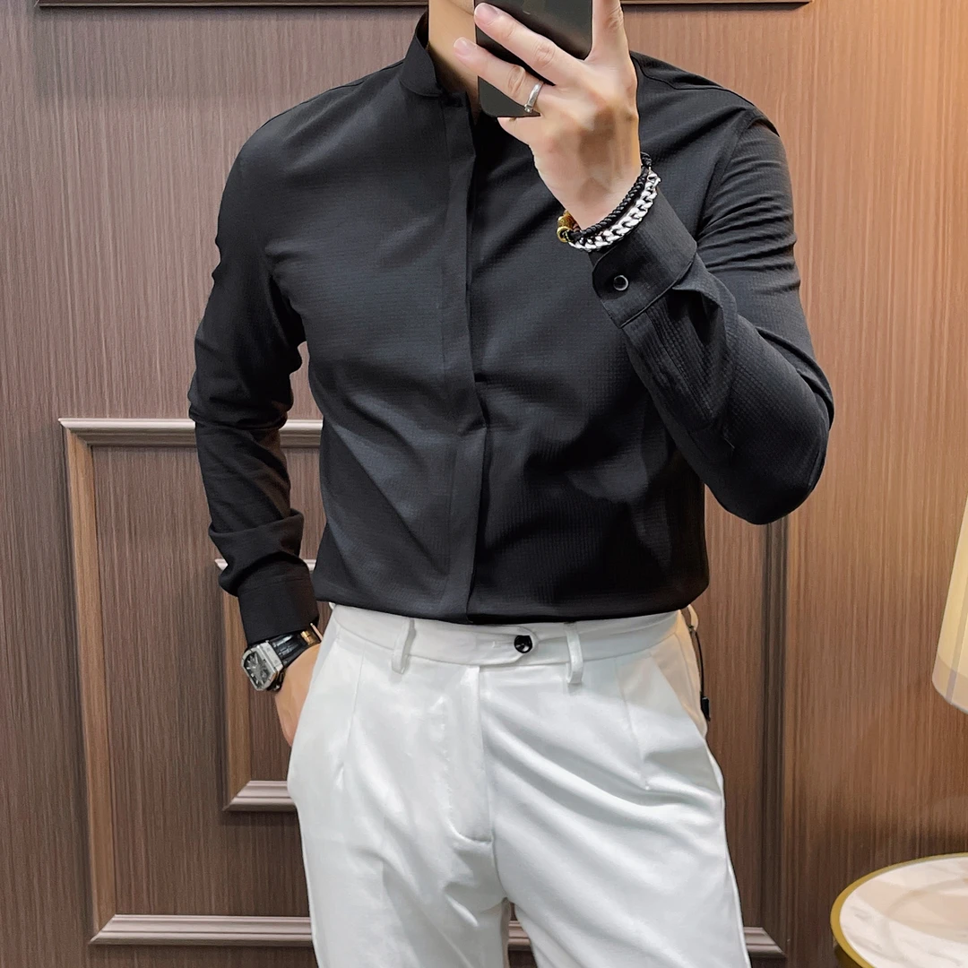 男士时尚休闲长袖衬衫秋季潮流韩版修身高品质百搭打底黑白色衬衣