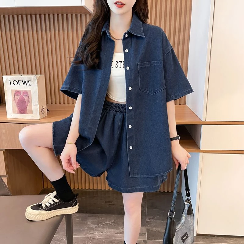 大码300斤时尚新款套装夏季2025短袖牛仔显瘦时尚复古短袖两件套