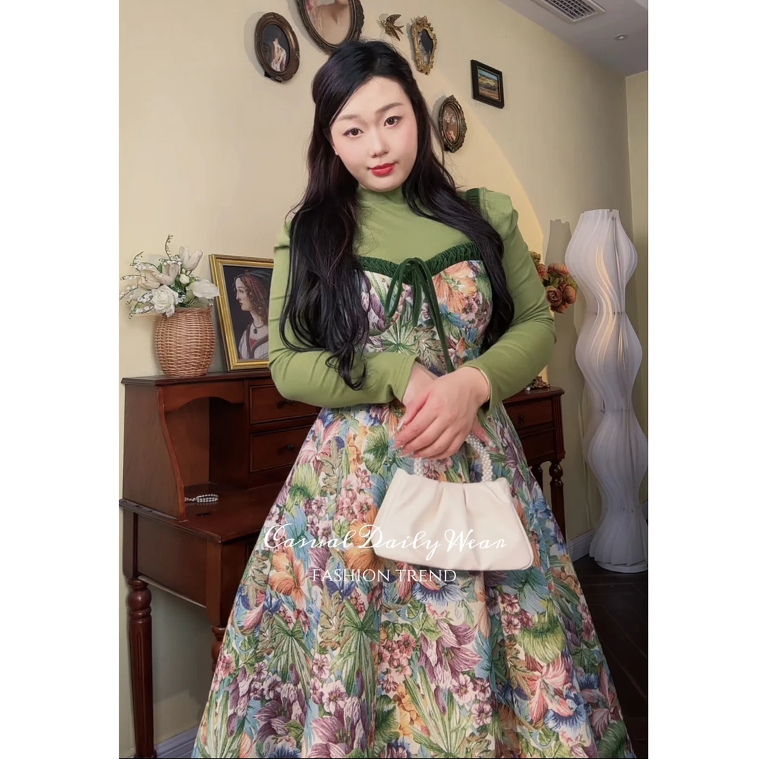 【羊羊大码定制】胖妹妹mm繁花赋提花吊带裙长袖复古法式气质女秋冬