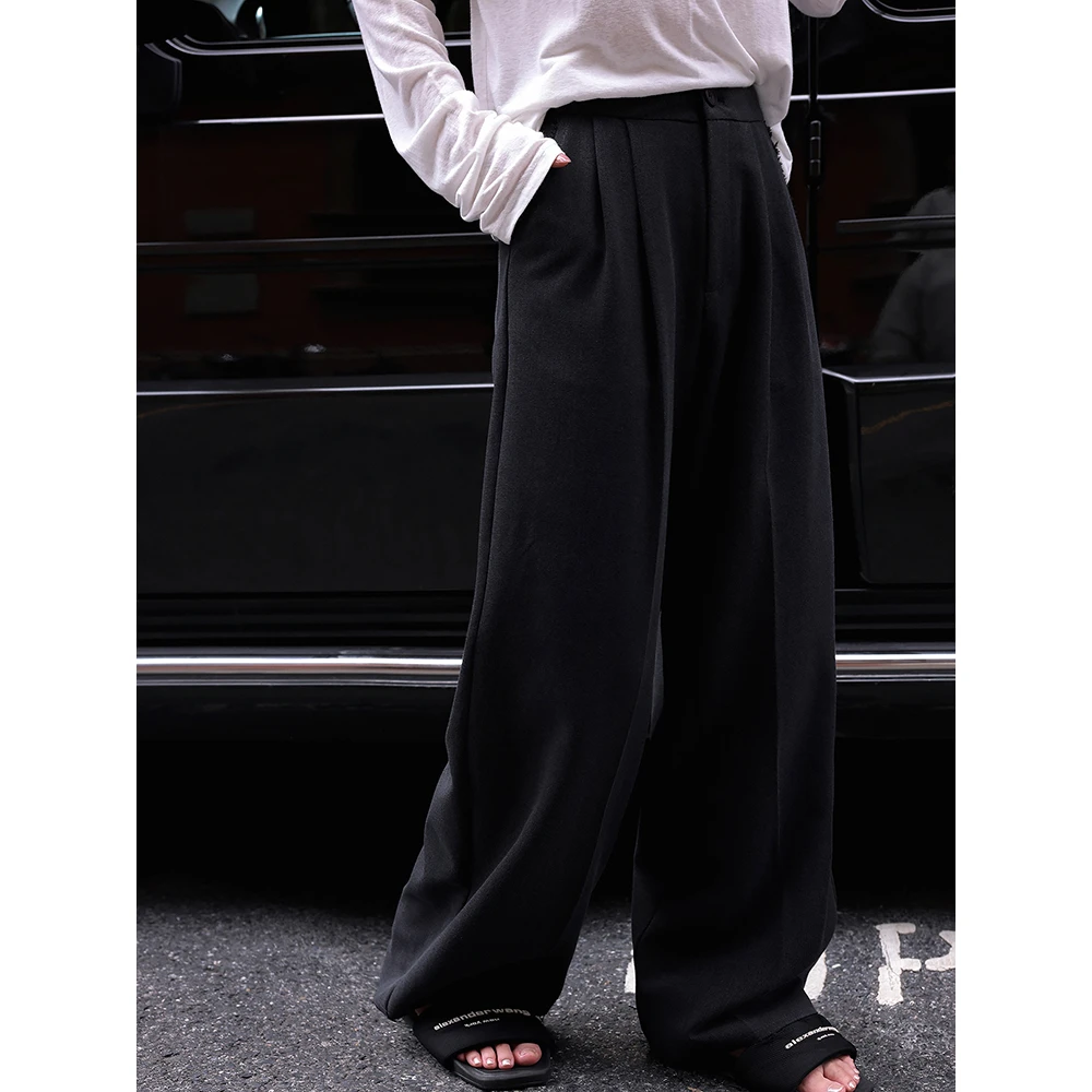 张贝贝ibell山本风高支细斜纹阔腿休闲长裤女 设计感宽松直筒西裤