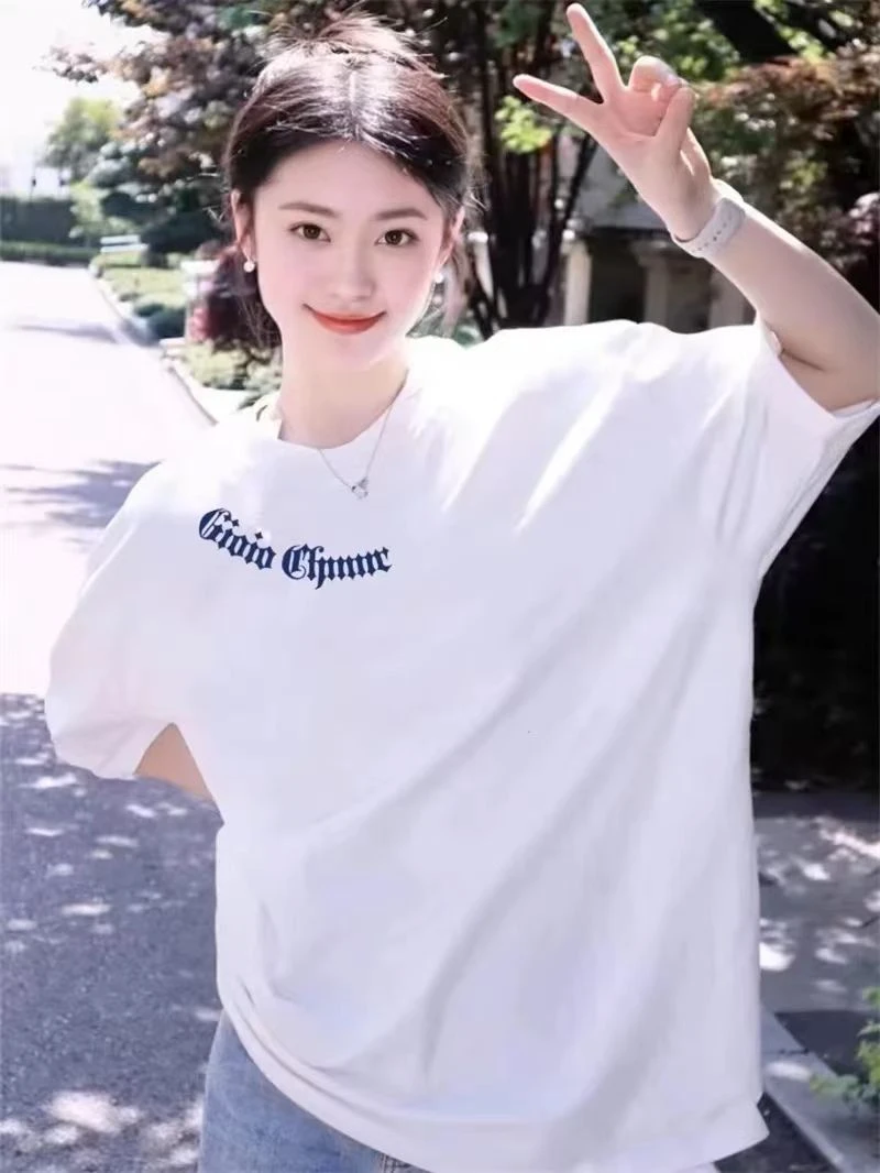 休闲衣服女慵懒风白色字母印花短袖T恤设计中长款宽松2025夏季潮