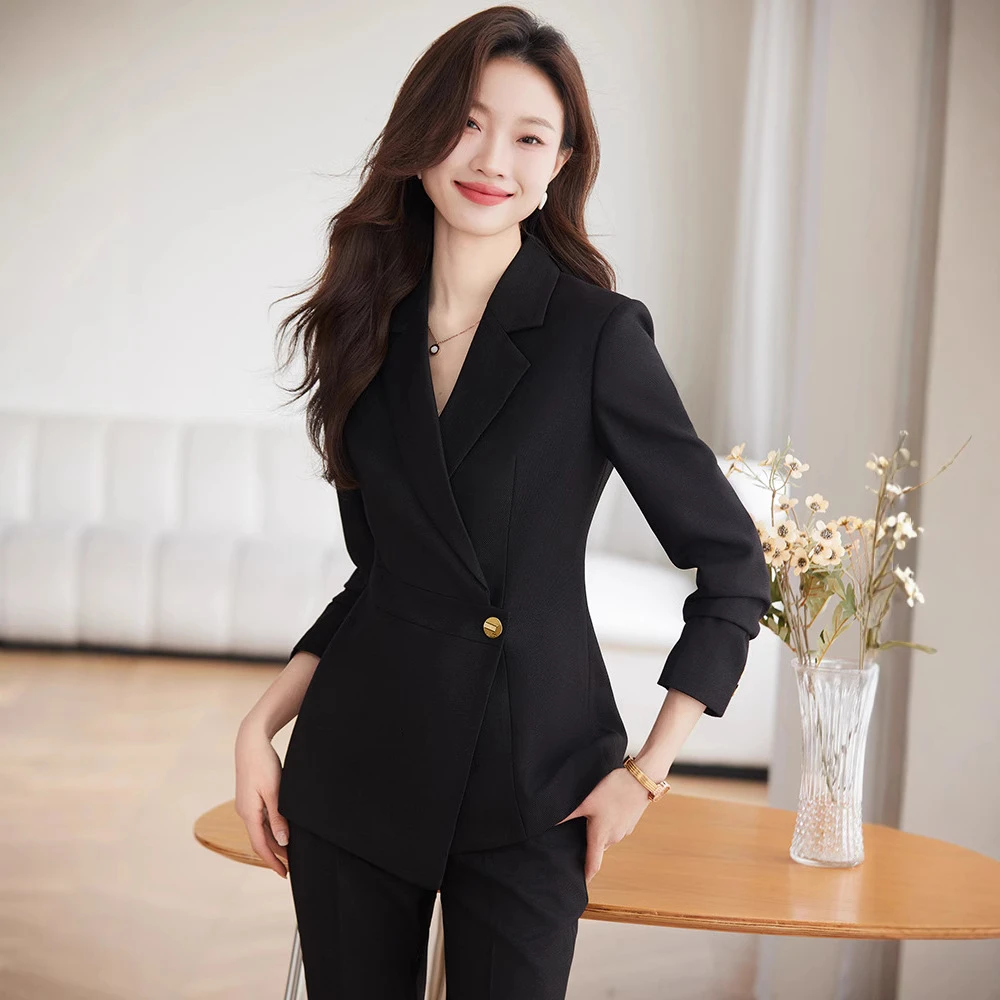 高端黑色西装套装女春秋气质小个子修身西服搭微喇裤职业装两件套