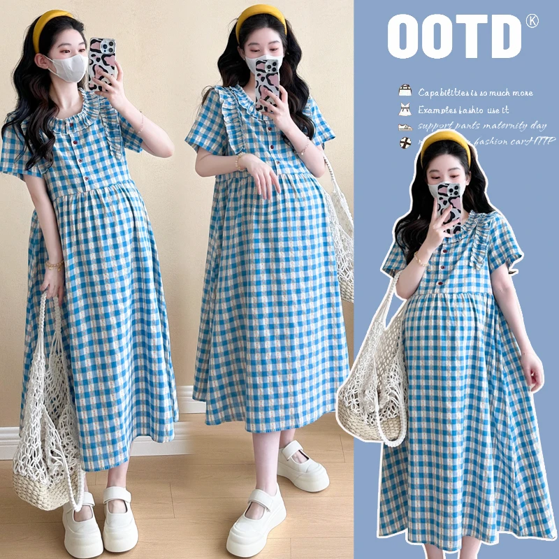 孕妇装2025夏季新款时尚气质休闲格纹刺绣可哺乳孕妇中长款连衣裙