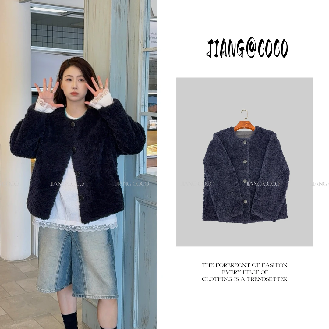 新款秋冬羊毛一体网红小个子百搭休闲女士加厚外套宽松短款-99803