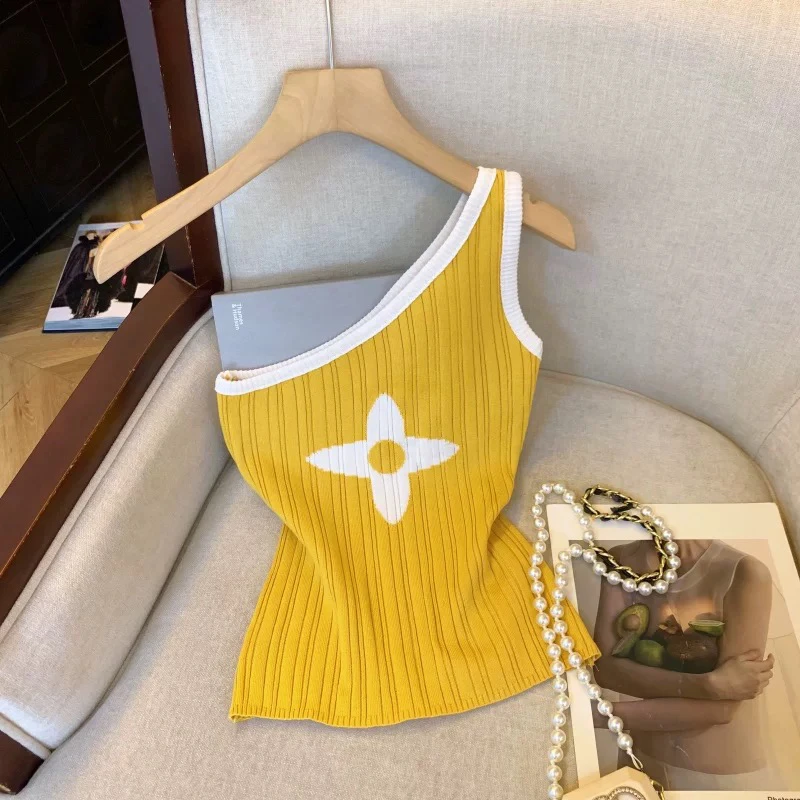 夏季新款斜肩撞色针织吊带背心美式辣妹风无袖露肩短款上衣