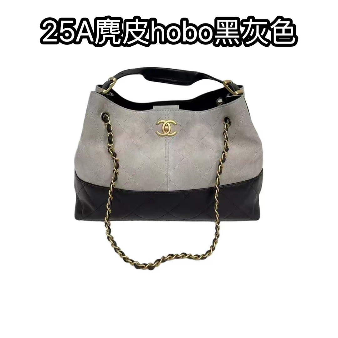 未使用 Chanel/香奈儿 25A高级手工坊皮穿链麂皮hobo灰色拼黑色