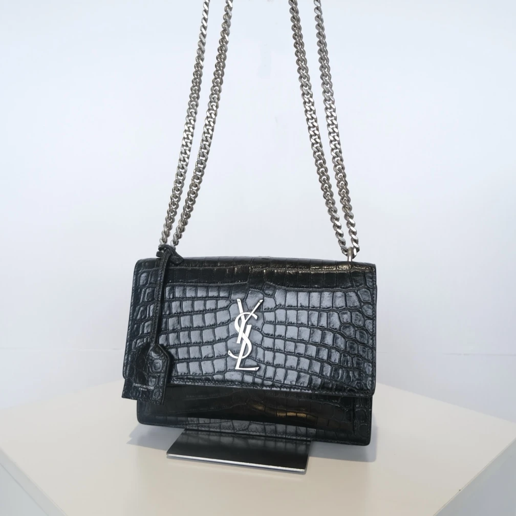 95新 YSL/圣罗兰 二手黑银 鳄鱼纹压纹 日落包 中号w02417