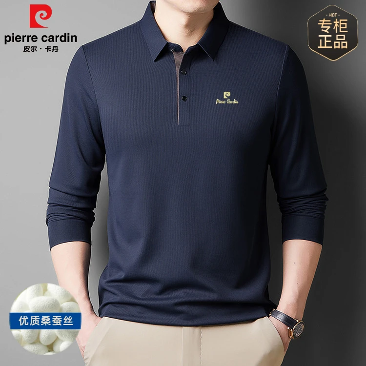 皮尔卡丹男士长袖polo衫高档薄款翻领休闲打底衫春秋季桑蚕丝T恤