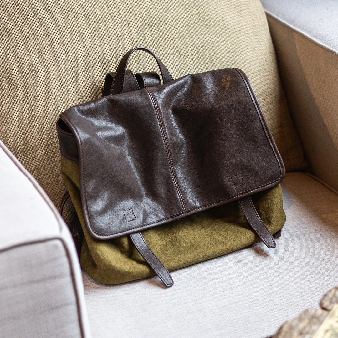 【月袭】头层植鞣羊皮配布双肩包上班通勤休闲大容量男女同款背包