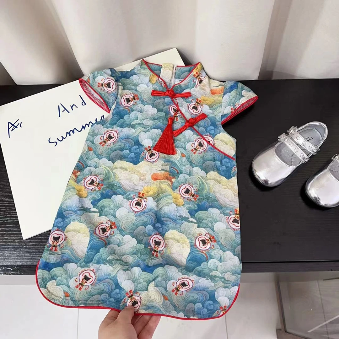 汤圆家童装2025夏季新款卡通哪吒闹海复古流苏旗袍裙 YA-1846
