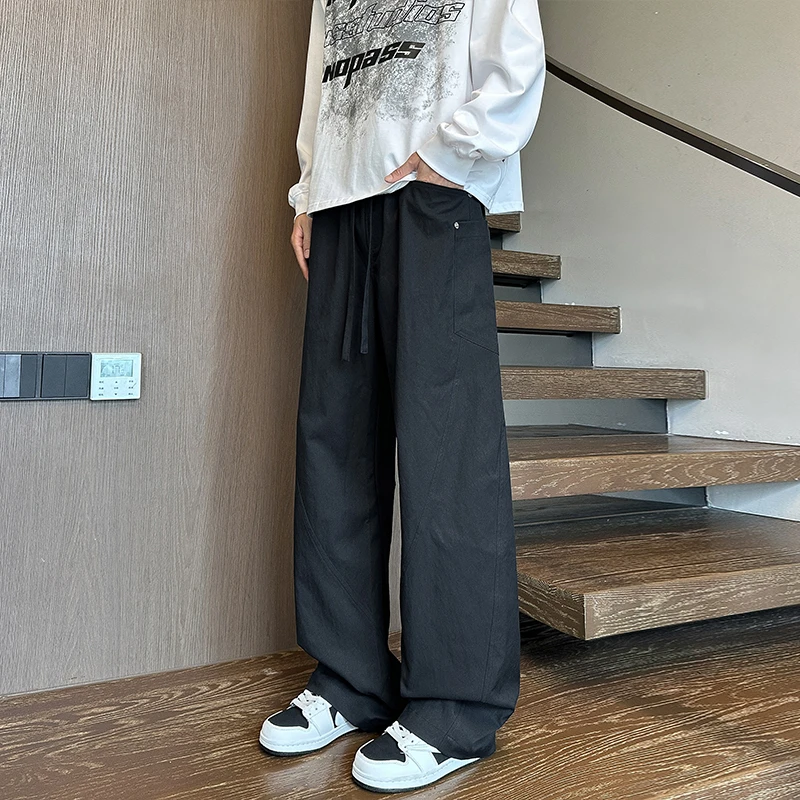 霄桂姿秋季新款弯刀直筒裤潮流设计感拼接口袋男生休闲运动长裤子