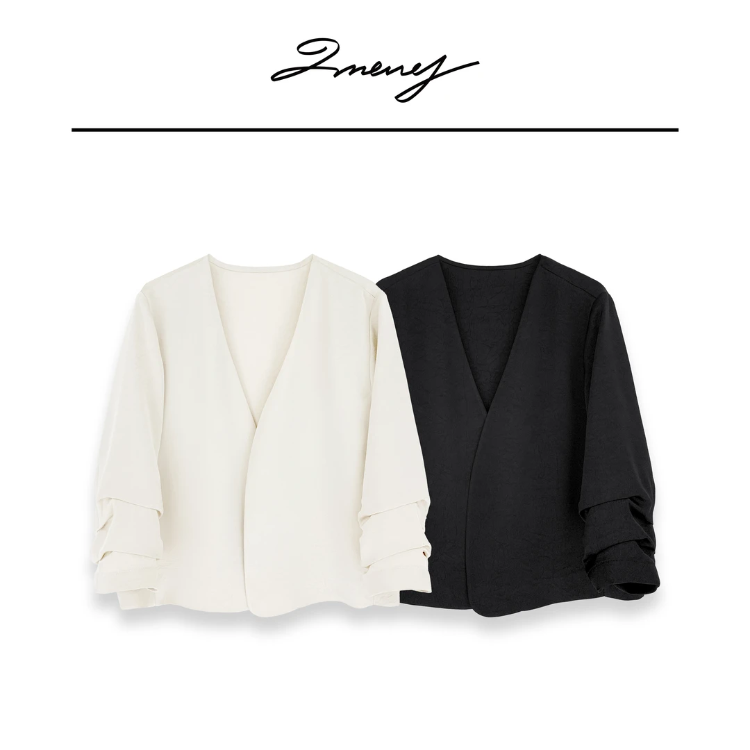 LMENY缎光小西装~七分袖云锦缎褶皱V领气质外套25AW027