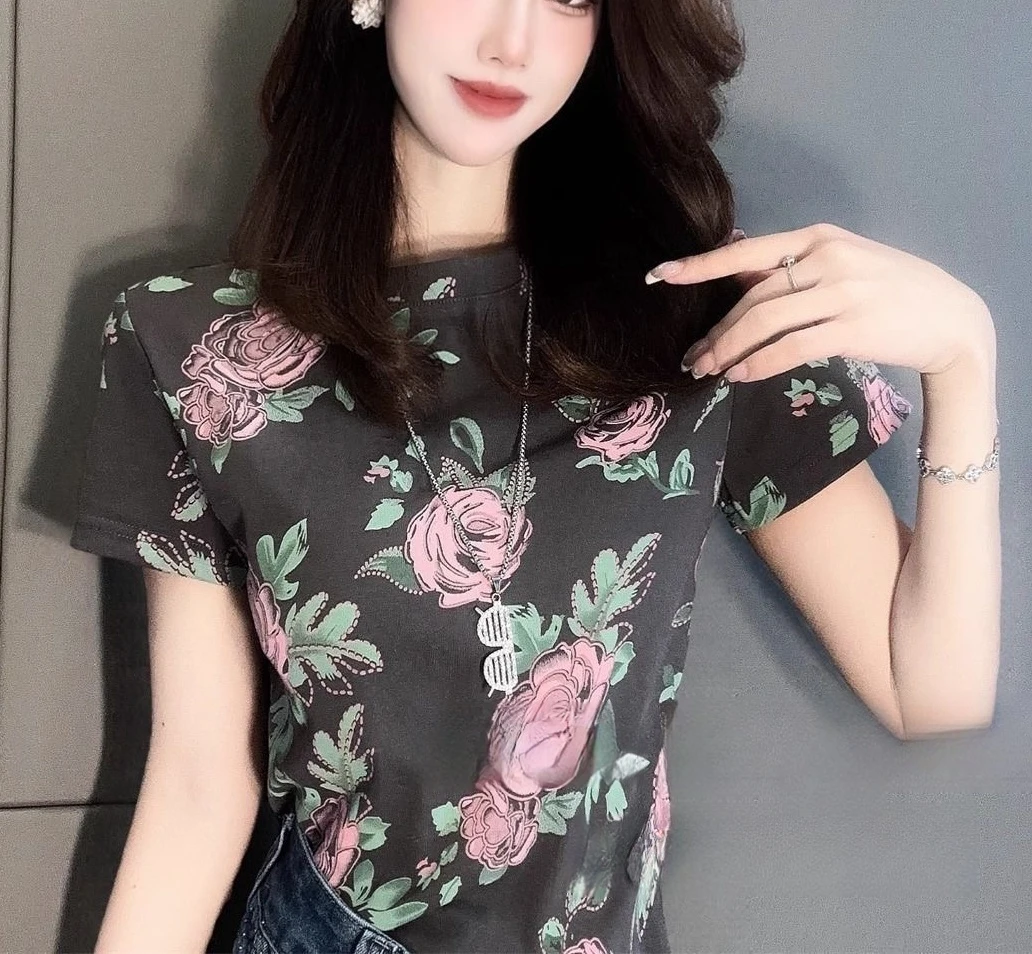 欧货满印玫瑰设计棉T恤2025新款短袖女显瘦高级感百搭上衣25821#