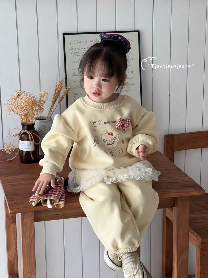 {花卷卷}2025秋冬加绒蛋黄色贴布KT卫衣屁帘卫裤幼儿园套装85080