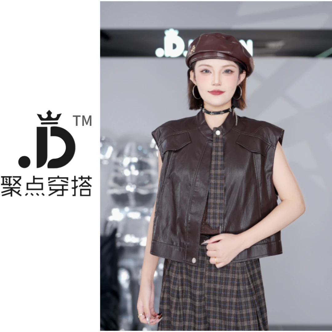 JUDIAN-【复古风华】时尚休闲无袖拼接坎肩短款上衣带领带8jd00002