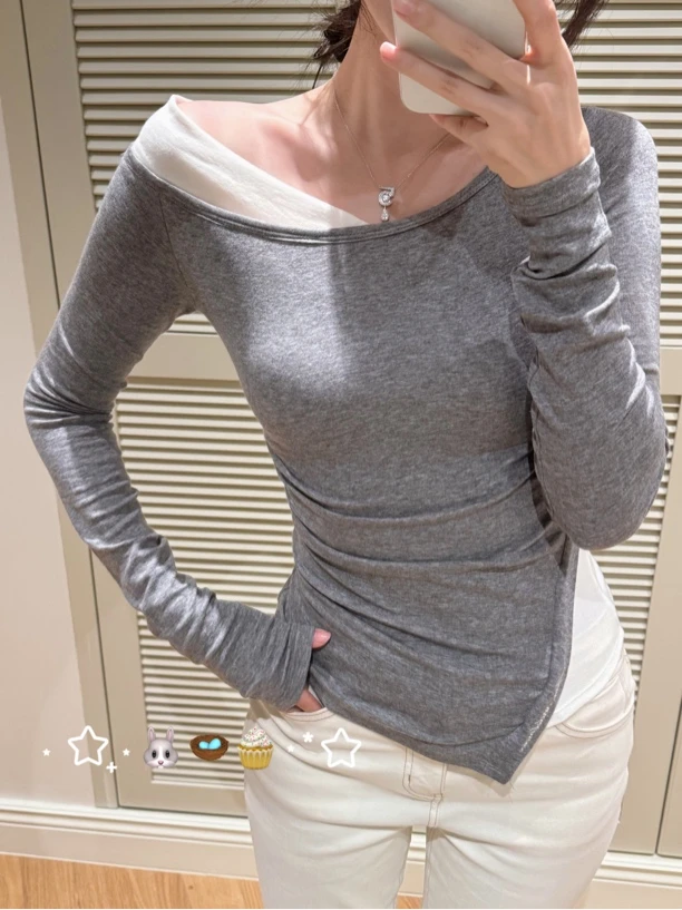 uki定制 显瘦拼色打底衫 不规则设计 莱赛尔羊毛