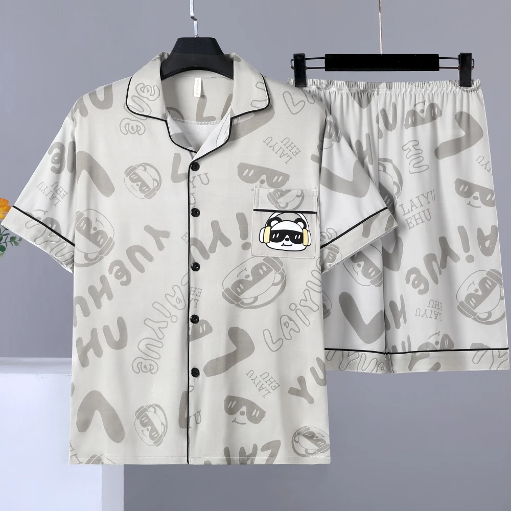 男士睡衣夏季短袖短裤卡通青少年学生开衫加肥加大码家居服套装男