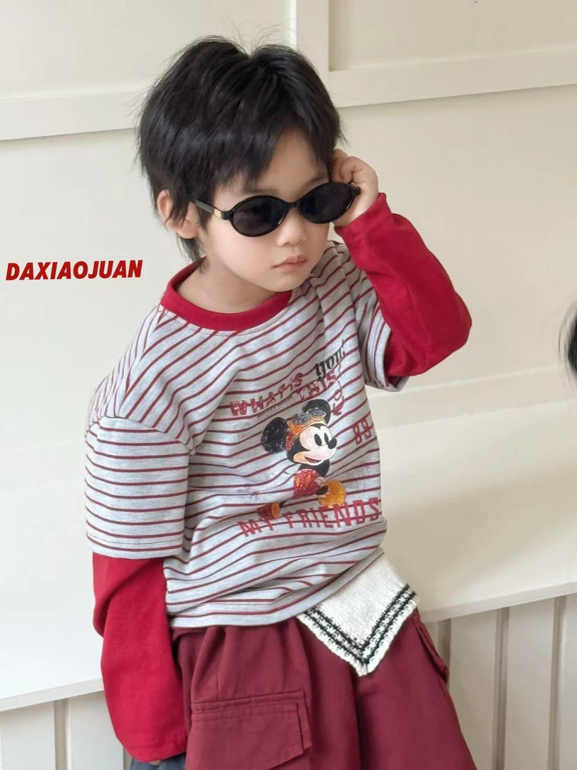 【大小卷】儿童春秋卡通印花撞色条纹男童长袖T-73015