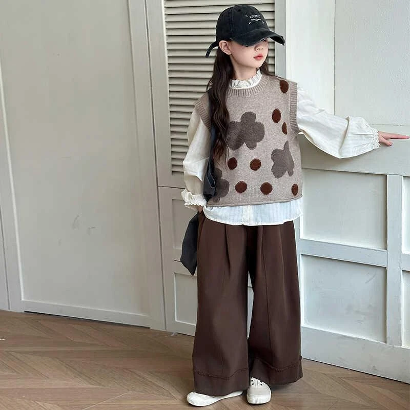 女童套装2025秋季洋气慵懒风中大童韩系针织马甲衬衫阔腿裤三件套