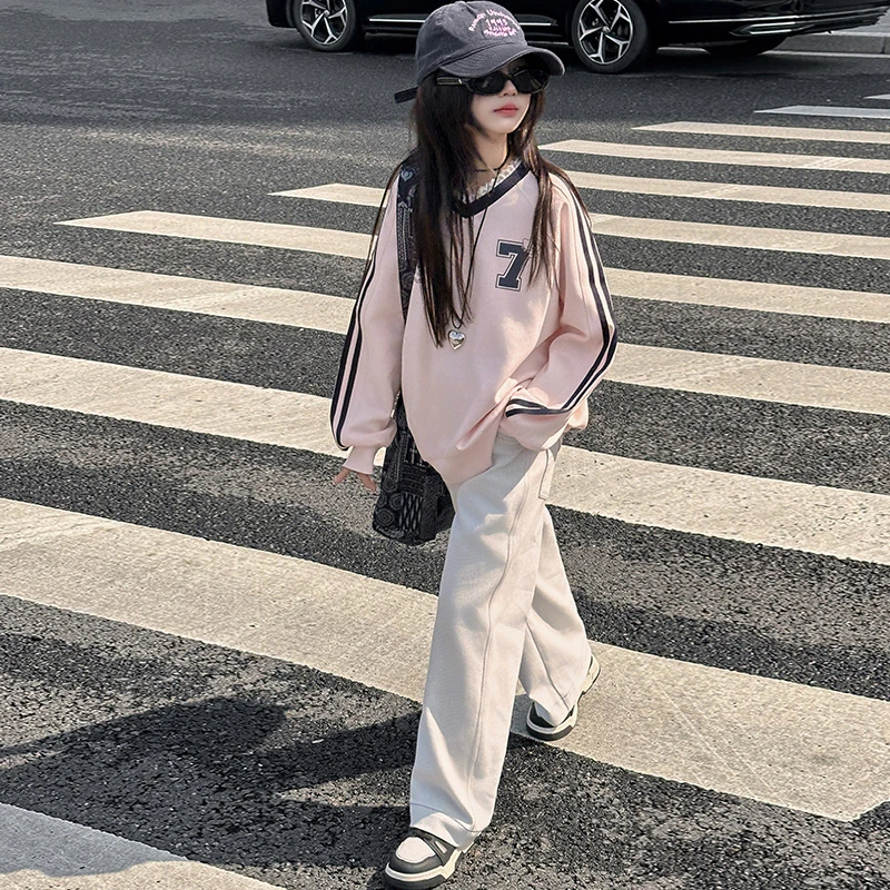 女童春装套装2025新款中大童女孩韩版洋气蕾丝领拼接卫衣休闲套装