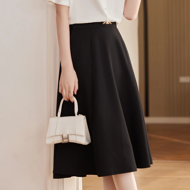 春夏杏色OL半身裙高腰垂感百褶a字伞裙遮胯大码胖mm米白色中长裙