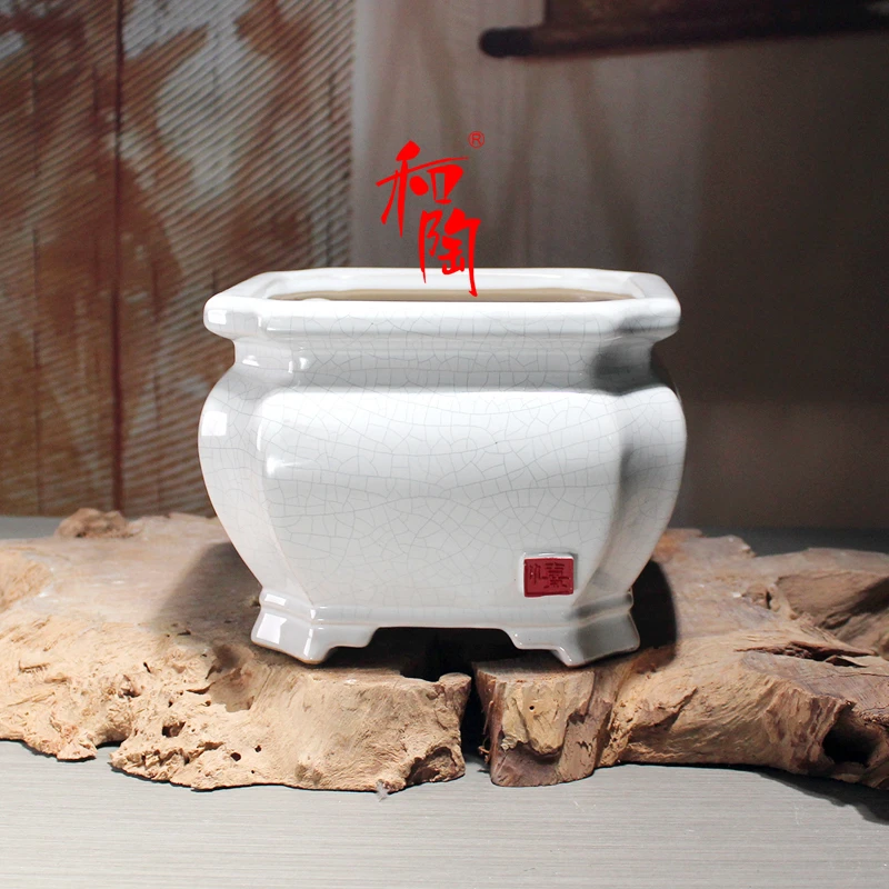 简约复古花盆陶瓷冰裂釉四方桌面盆栽绿植花器