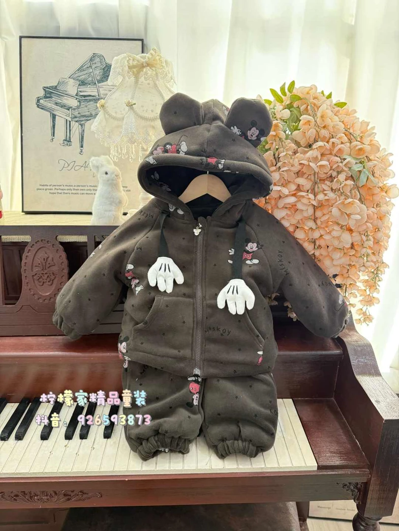可爱冬季新款米奇四层夹棉加厚棉服两件套厚实满印卡通连帽