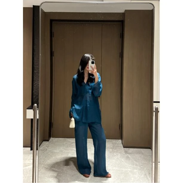 梓静 慵懒感苎麻宽松显瘦固色印染轻薄透气衬衫+宽松直筒裤0011