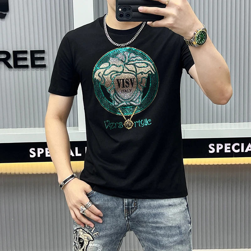 VARSACIVIP/瓦萨琪贵宾夏季短袖T男丝光棉潮流烫钻欧版高级感男装