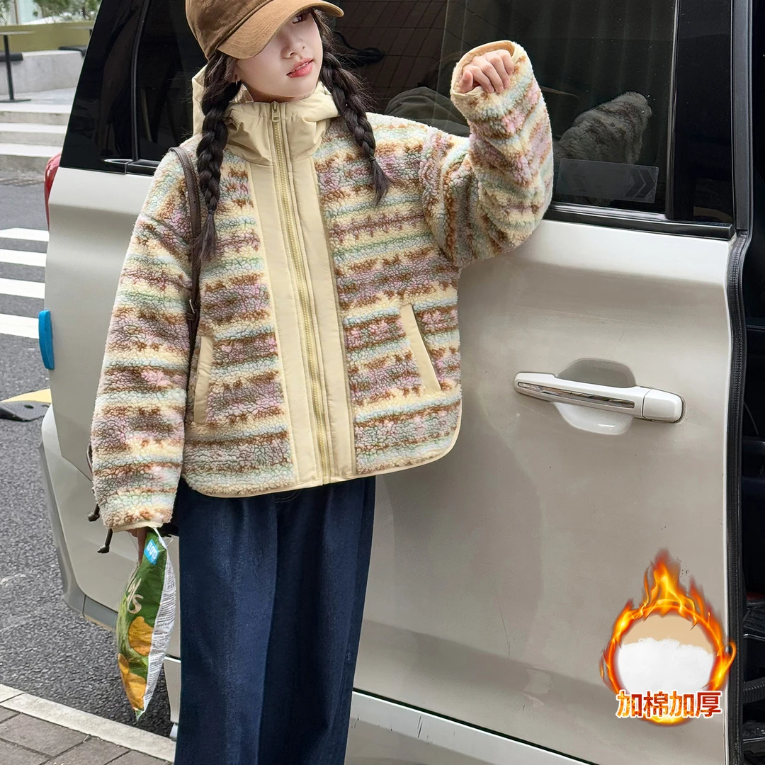 女童费尔岛毛毛衣棉服冬款2025冬季女大童加厚连帽棉袄儿童棉衣冬