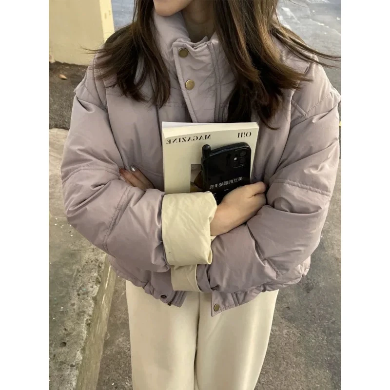 2024冬新韩版宽松休闲加厚保暖立领短款小个子白鸭绒羽绒服外套女