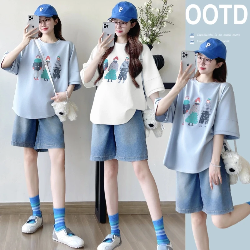 2025新款孕妇装圆领上衣T恤夏季短袖休闲卡通动漫宽松百搭外穿