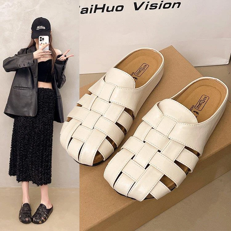包头半拖鞋女夏外穿2025年新款复古编织镂空厚底一脚蹬懒人穆勒鞋