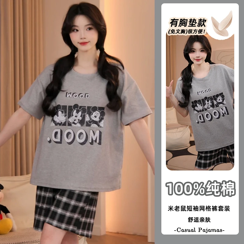 新款爆款夏季短袖短裤纯棉2025带胸垫睡衣女米奇奇宽松家居服套装
