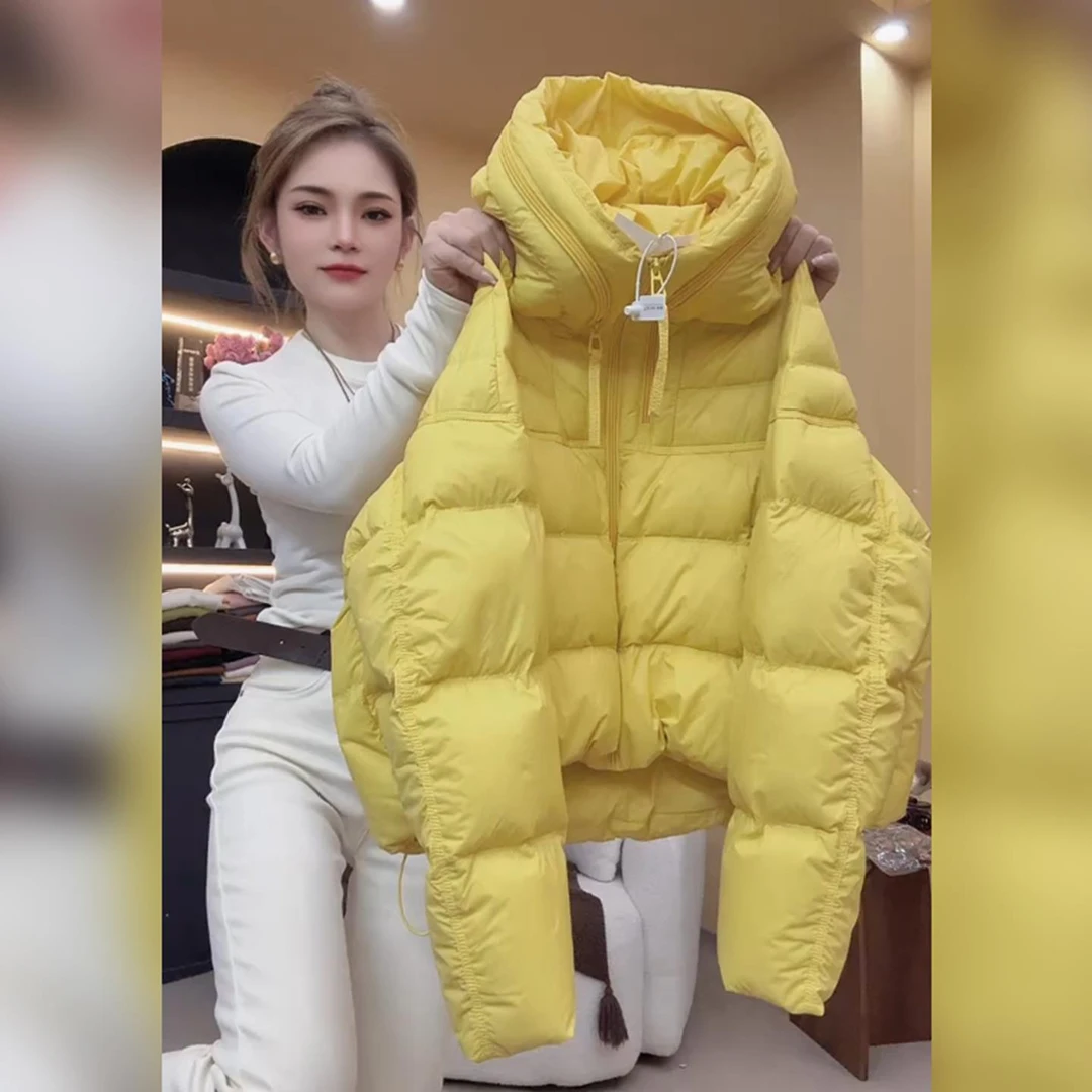 2025秋冬季新款女士黄色时尚洋气连帽棉服外套时髦百搭加厚面包服