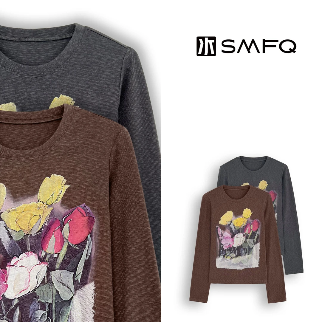 水木夫妻 ”绽放“花卉图案休闲百搭长袖T恤女上衣